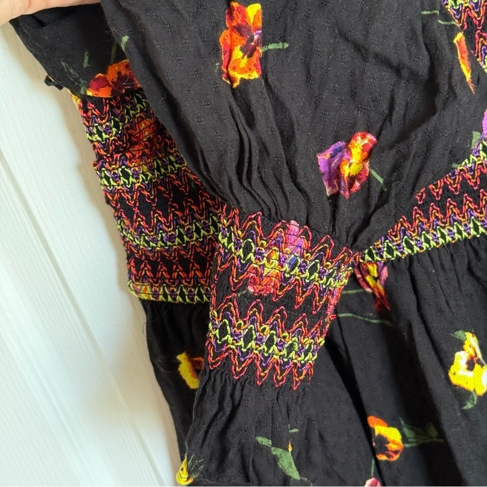 Urban Outfitters Black Floral Smocked Square Neck Long Sleeve Mini Dress L - Picture 4 of 6